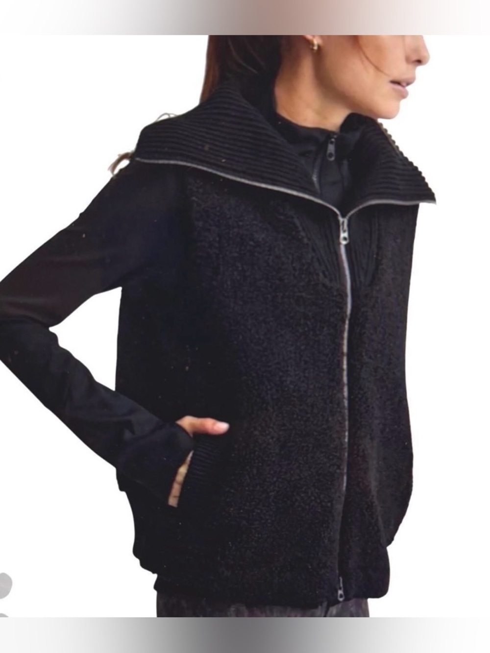 Varley Aspen Gilet Sherpa Fleece Zip Vest Black Ribbed Collar Medium M